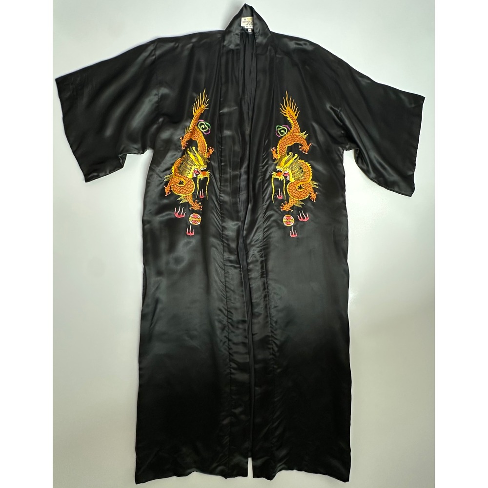 VTG Golden Bee Black 100%Silk Embroidered Dragon Kimono Robe Medium No Belt